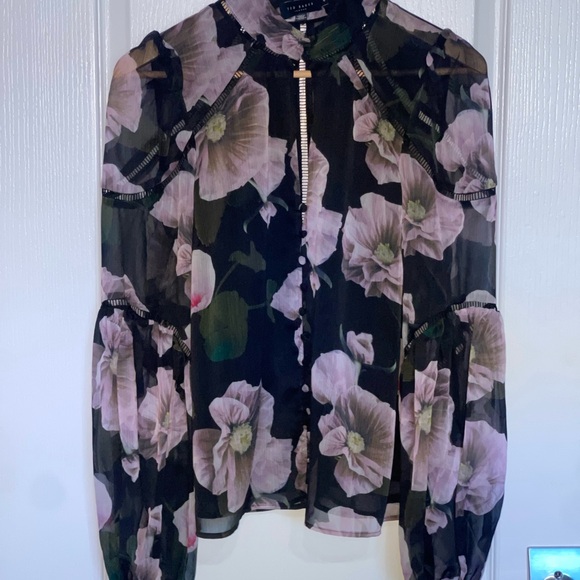 TED BAKER Theera Ladder Trim Blouse Black and Purple Floral Blouse Flowy Sheer 4 - Picture 6 of 8